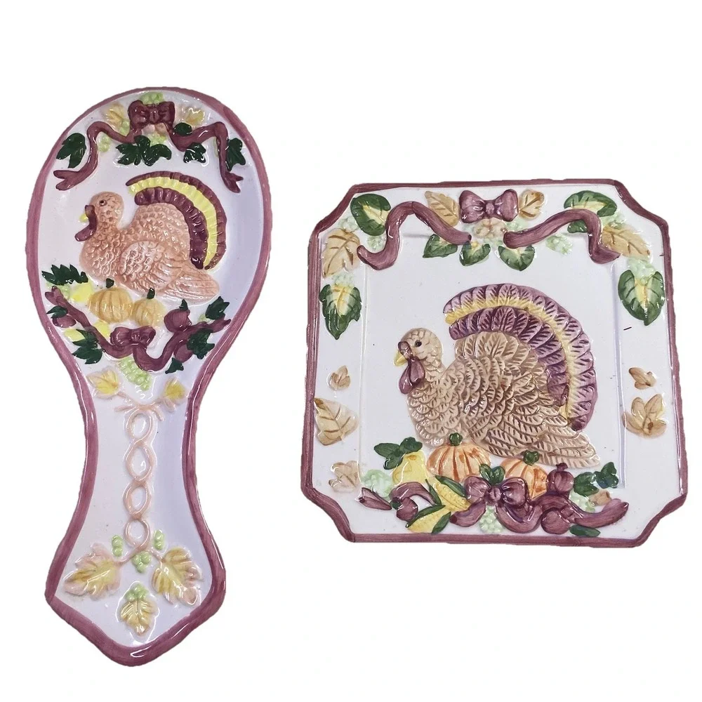 Vintage‎ 1998 Thanksgiving Turkey Pumpkins Fall Trivet&Spoon Rest Ceramic Glossy
